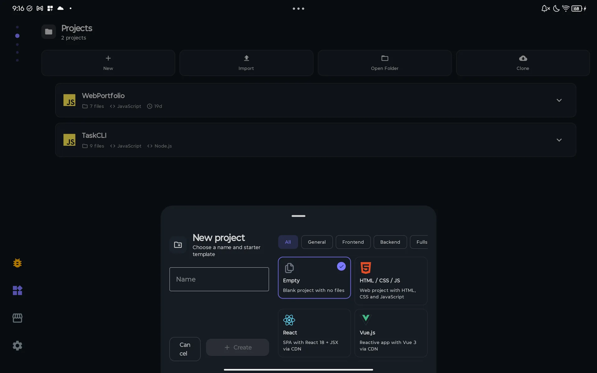 PocketCode Projects page on a tablet in landscape: the New, Import, Open Folder and Clone tiles, the WebPortfolio and TaskCLI sample projects, and the New project sheet open with a Name field, the All, General, Frontend, Backend and Fullstack chips and the Empty, HTML / CSS / JS, React and Vue.js templates