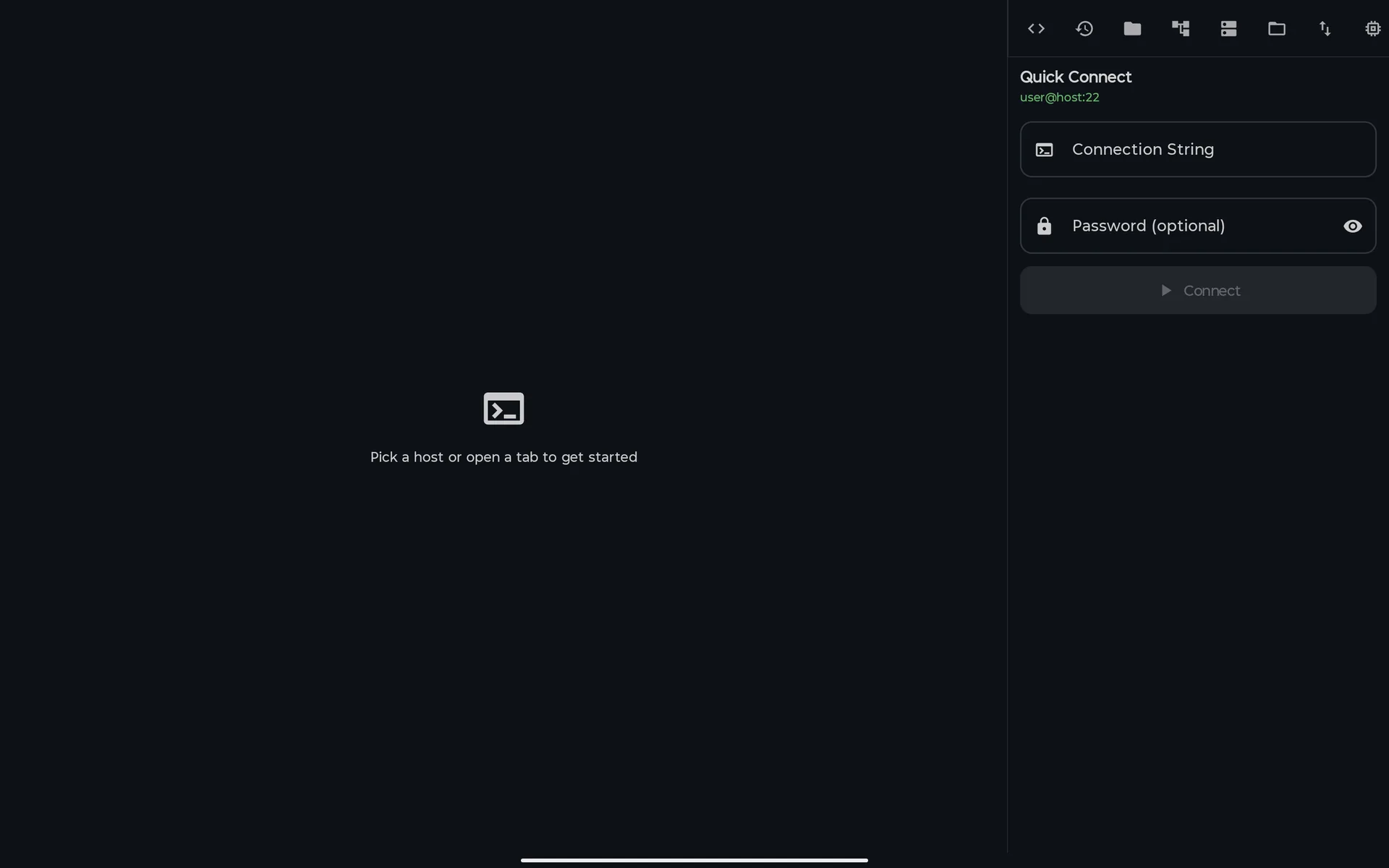 The SSH screen on a tablet with no session open: 'Pick a host or open a tab to get started', and the docked tools panel showing Quick Connect with a Connection String field, an optional Password field and a Connect button