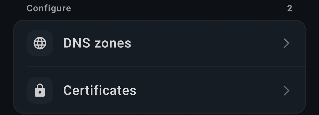 Cloudflare account settings: DNS zones and certificates
