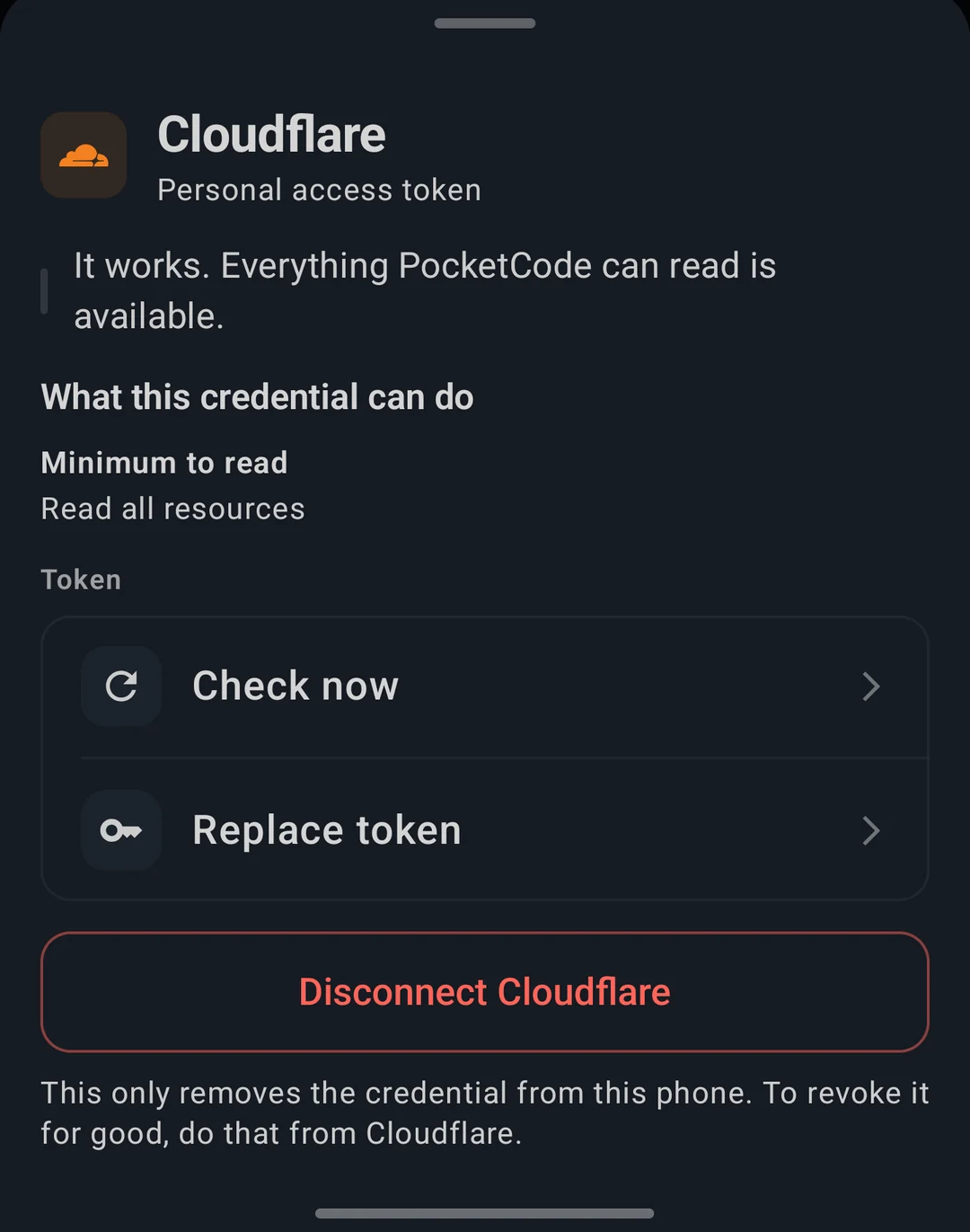 A connected token: what it can do, Check now, Replace token and Disconnect