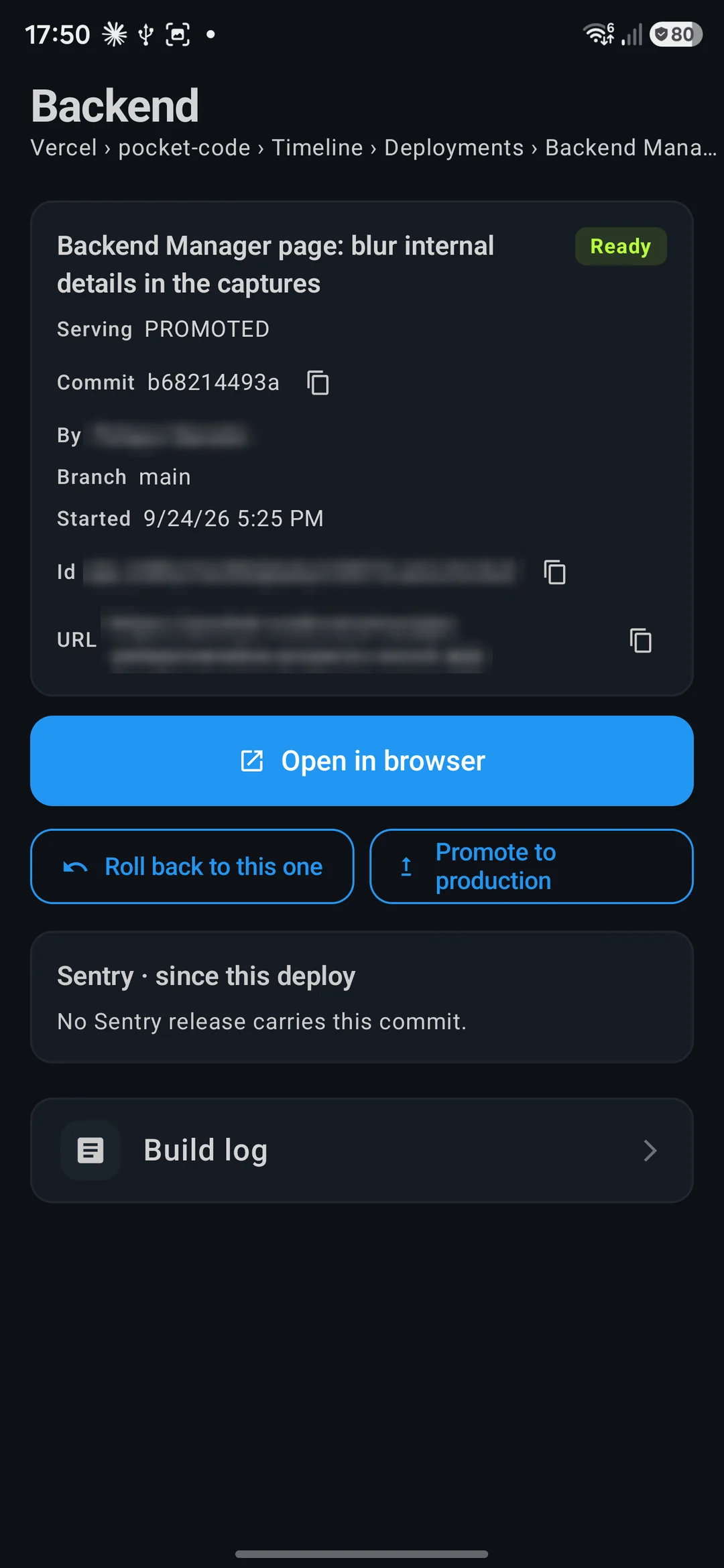 A deployment with its commit and branch, Roll back to this one and Promote to production