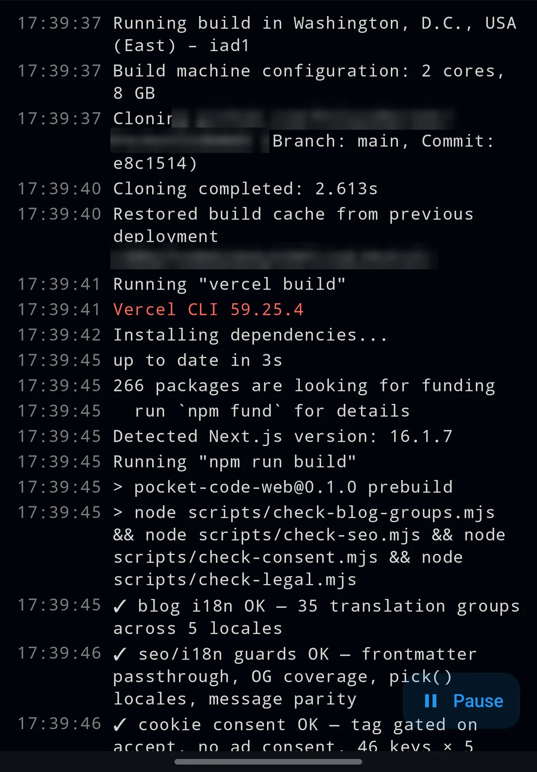 A Vercel build log streaming live, line by line