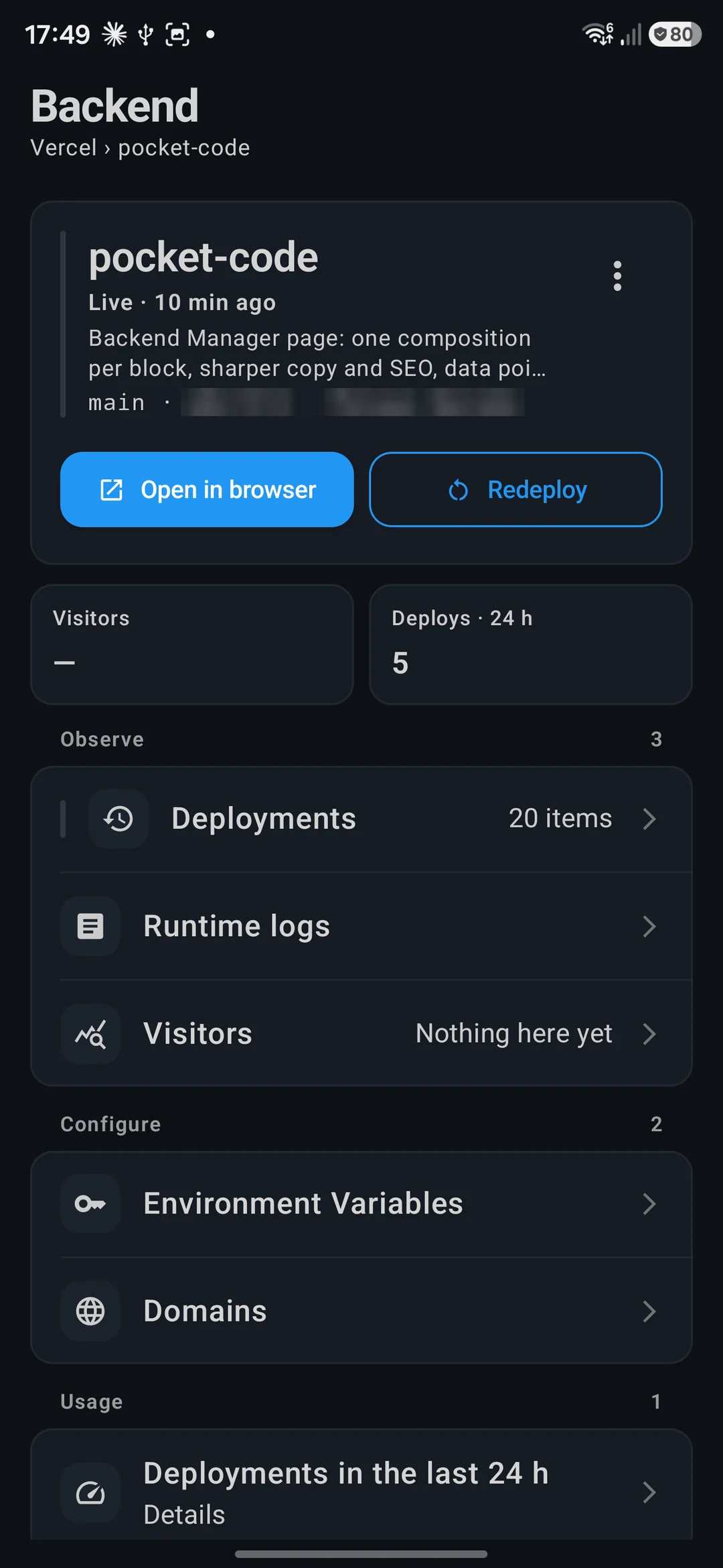 A Vercel project: live state, last deploy, visitors, deploys in 24 hours and its sections