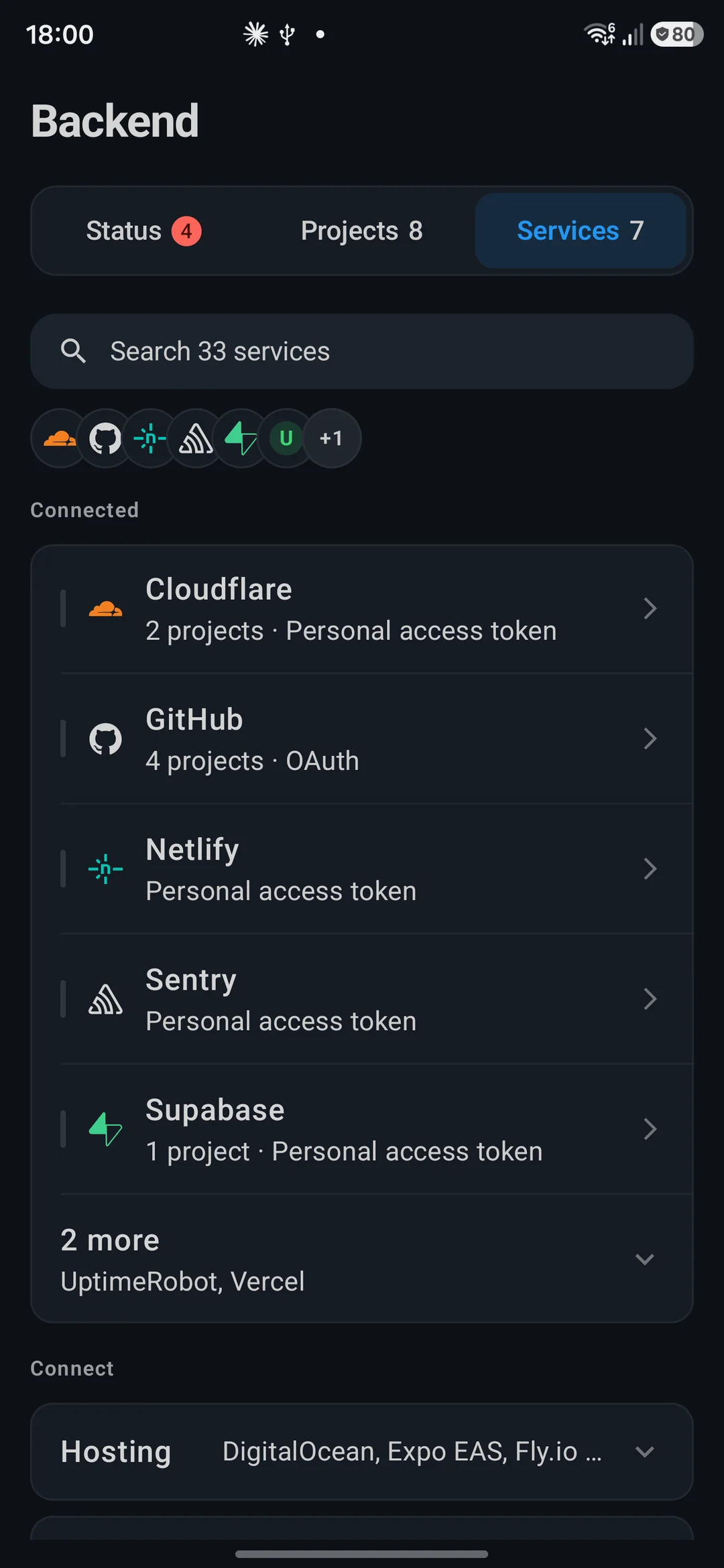 Services tab: connected services and how each one is signed in