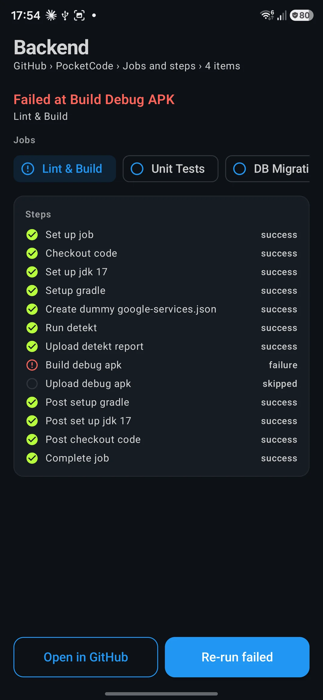 The failed job as steps: Build debug apk marked as the failure