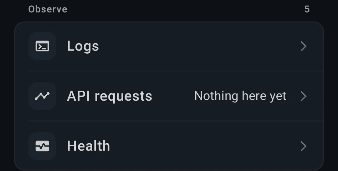 A Supabase project's logs, API requests and health