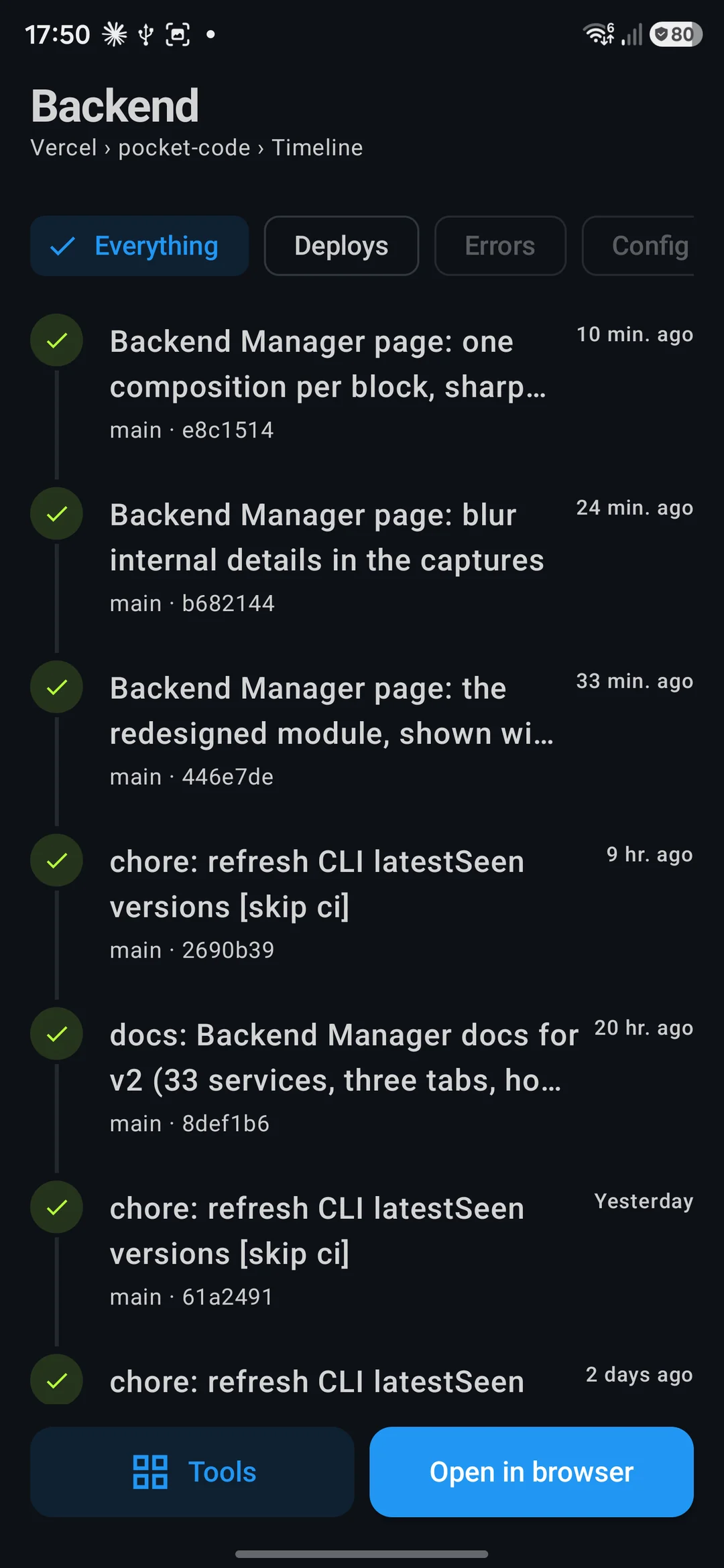 The project timeline: every deploy with its commit, newest first, filterable by deploys, errors and config
