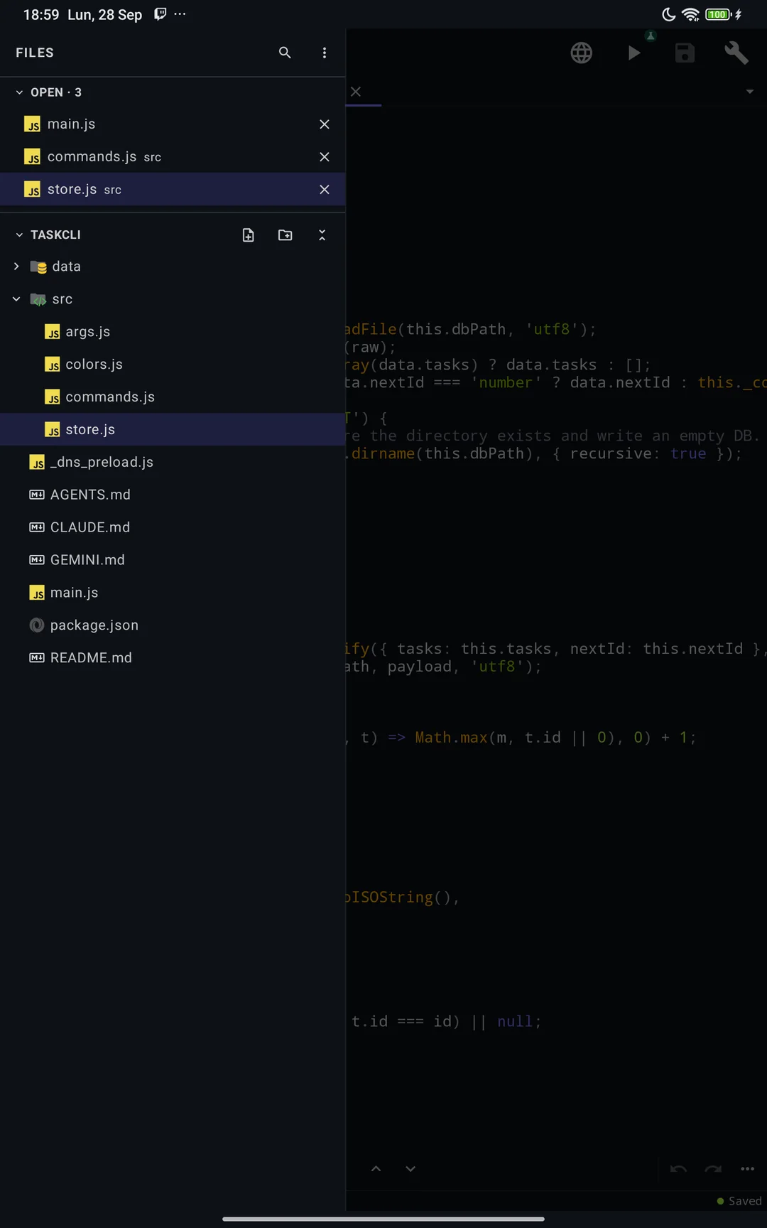 The explorer drawer on a tablet: three open files and the TaskCLI project tree with its src folder