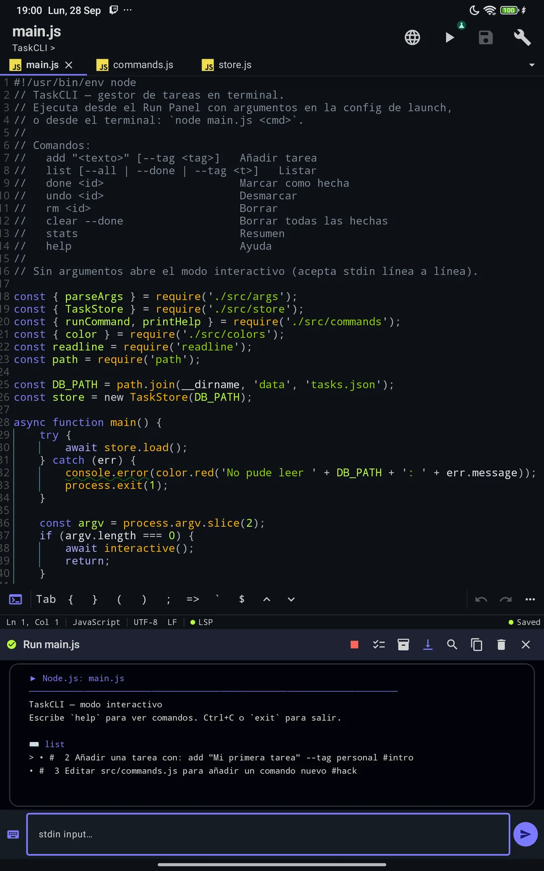 Run panel executing main.js on Node.js in interactive mode, with a command sent through the stdin box