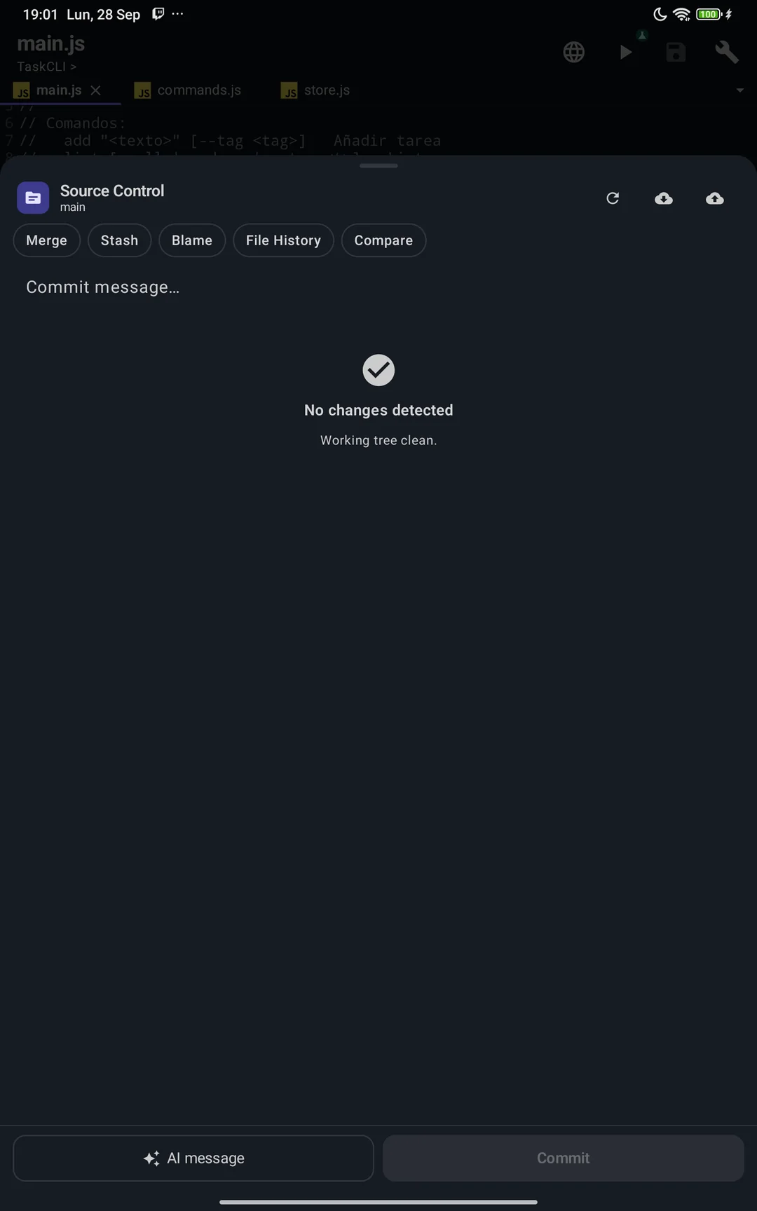 Source Control sheet on branch main with Merge, Stash, Blame, File History and Compare, and an AI commit message button