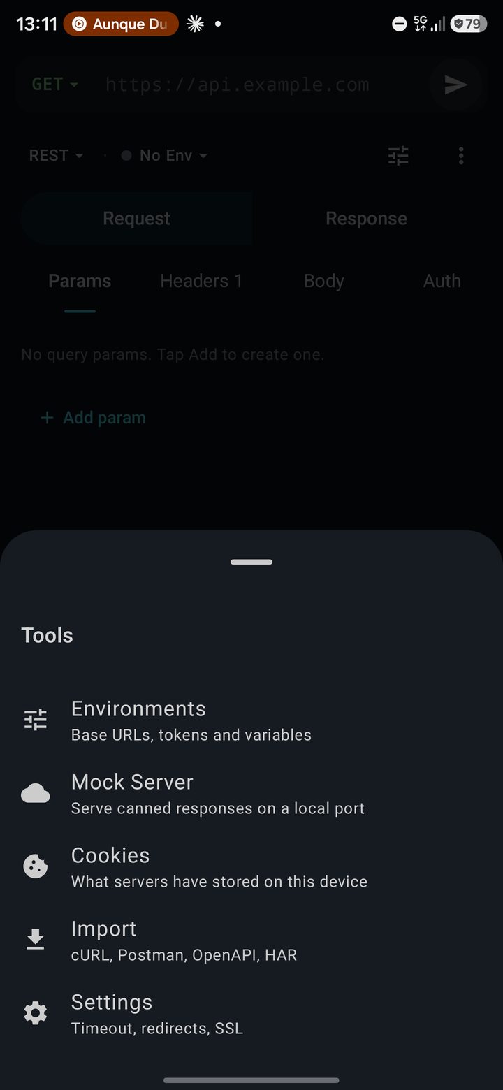 The Tools sheet: Environments, Mock Server, Cookies, Import and Settings, each with its live state