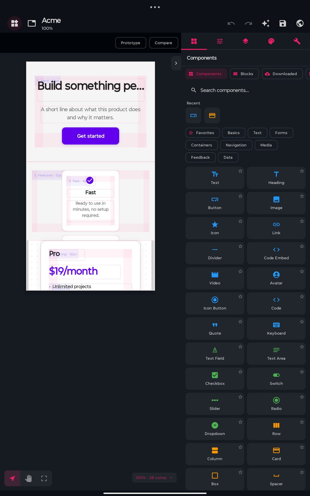 The designer on a tablet: canvas on the left with a landing page, docked side panel on the right with the component palette open