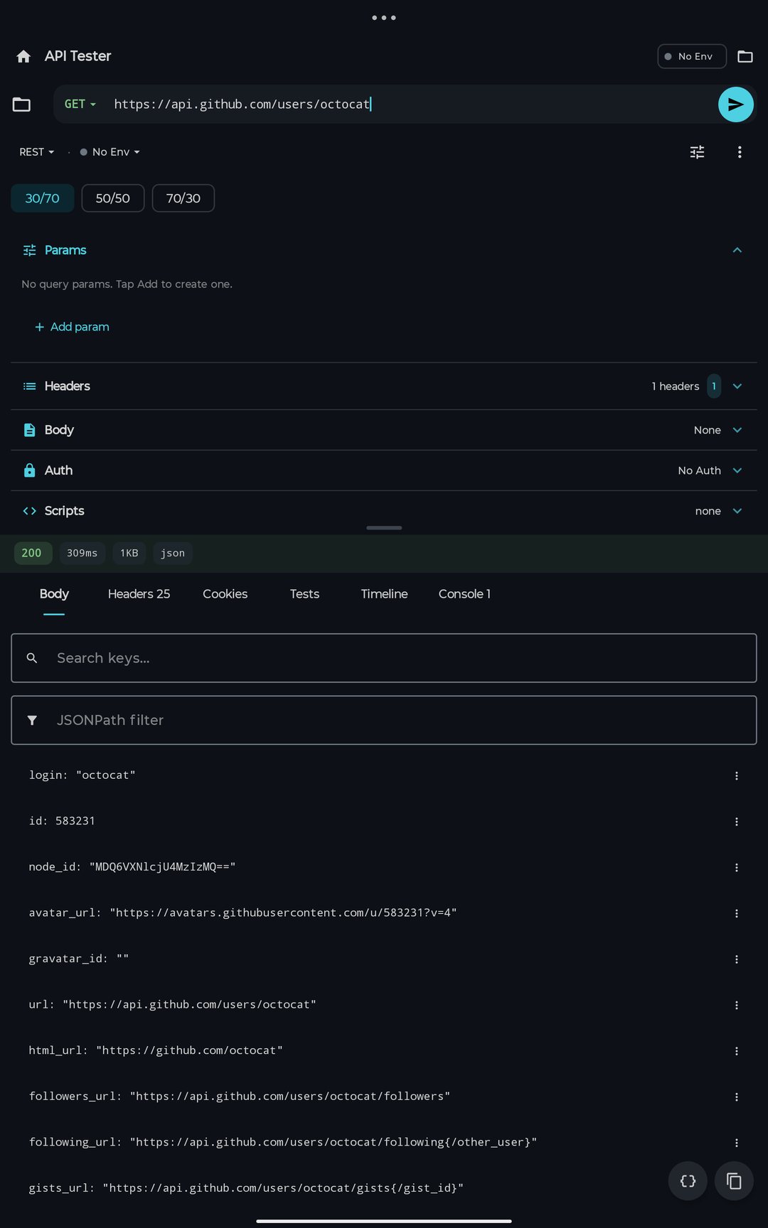 The API Tester: a GET to api.github.com answered 200 in 309 ms, with the JSON response as a foldable tree