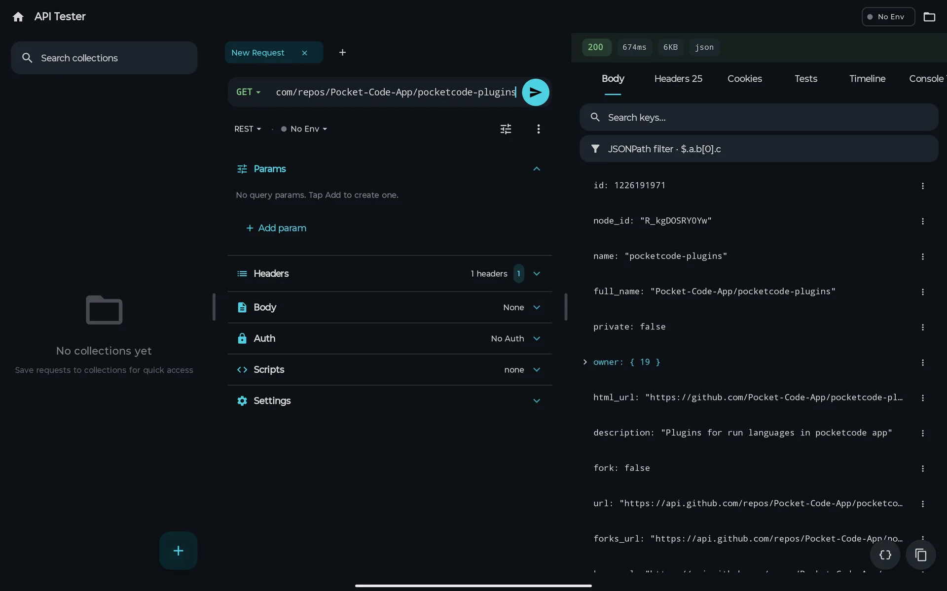 Android टैबलेट पर PocketCode का API टेस्टर: बाईं ओर GitHub API की एक GET रिक्वेस्ट और दाईं ओर JSON रिस्पॉन्स, जिसमें id, name, full_name और दूसरे फ़ील्ड हैं